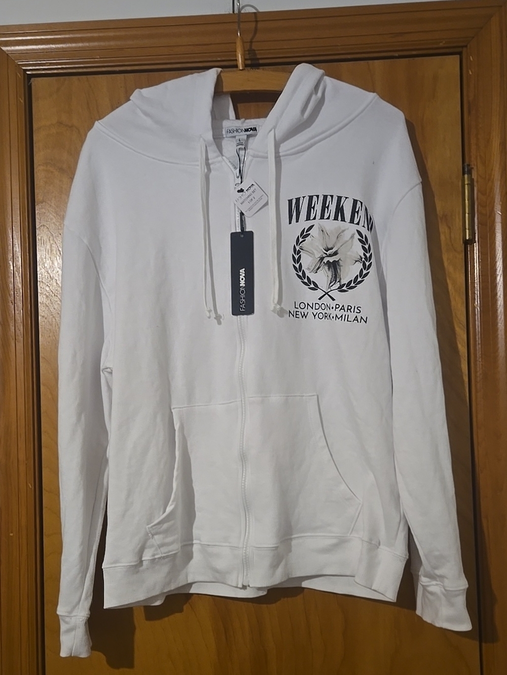Fashion Nova White 'Weekend' Zip Hoodie with Graphic Prints Size L. NWT